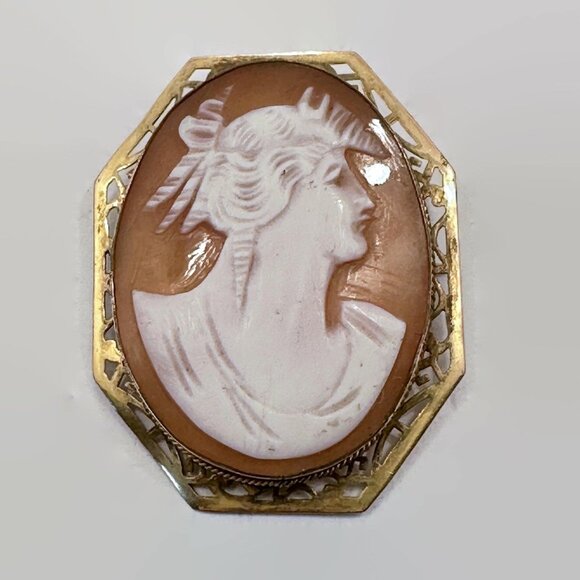Cameo Brooch, Vintage, Carved Shell, Goddess Demeter, Victorian, Gold, Antique - Picture 6 of 7